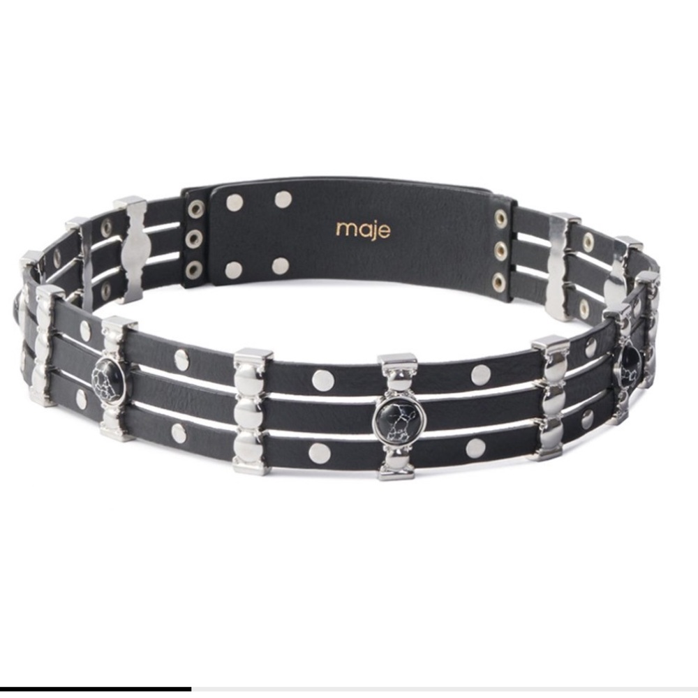 Maje Black Triple-Strap Waist Belt with Silver Medallions, fits medium, NWT